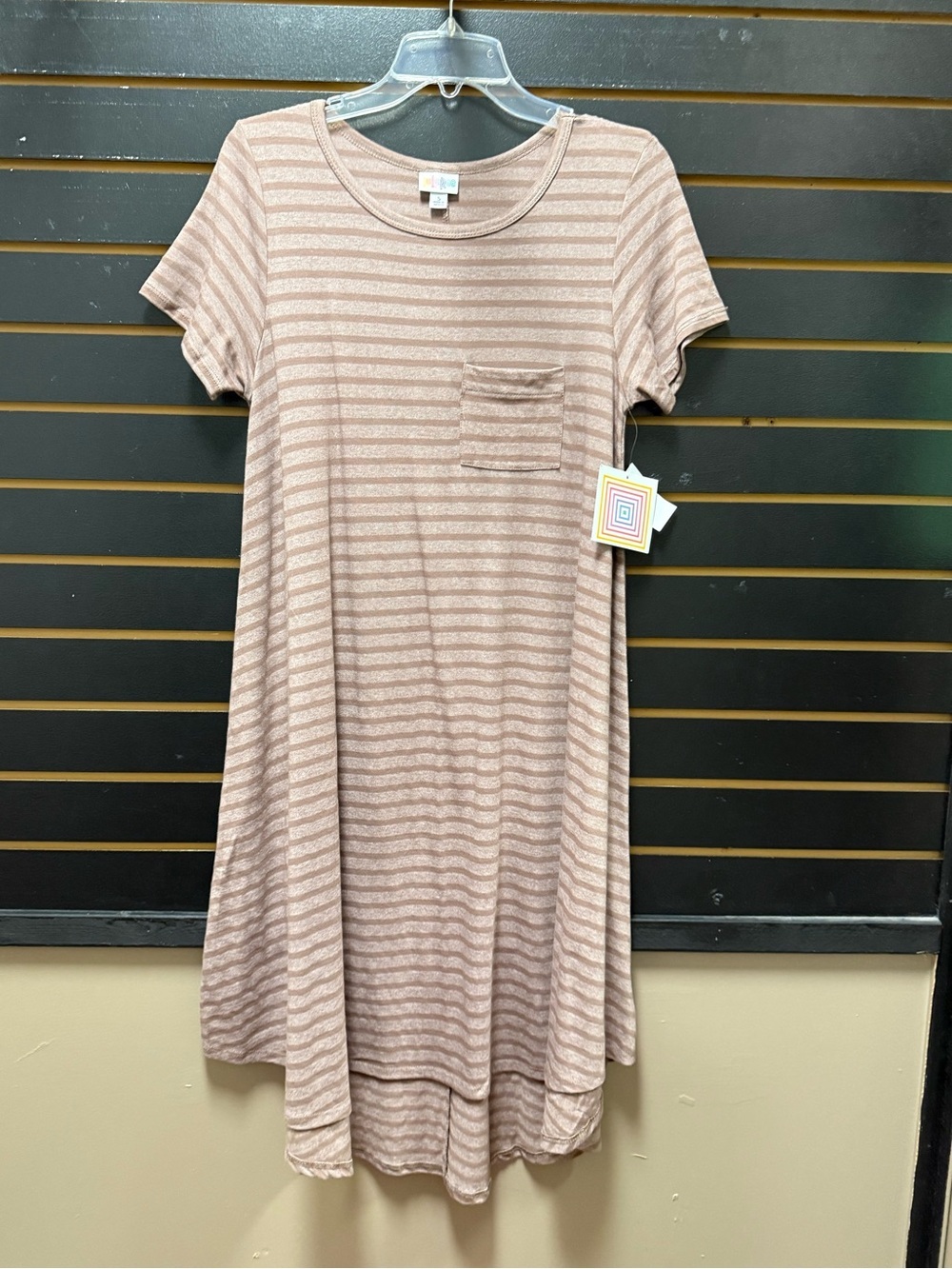 LuLaRoe Carly Dress Small NWT Taupe Stripe High Low Swing Dress